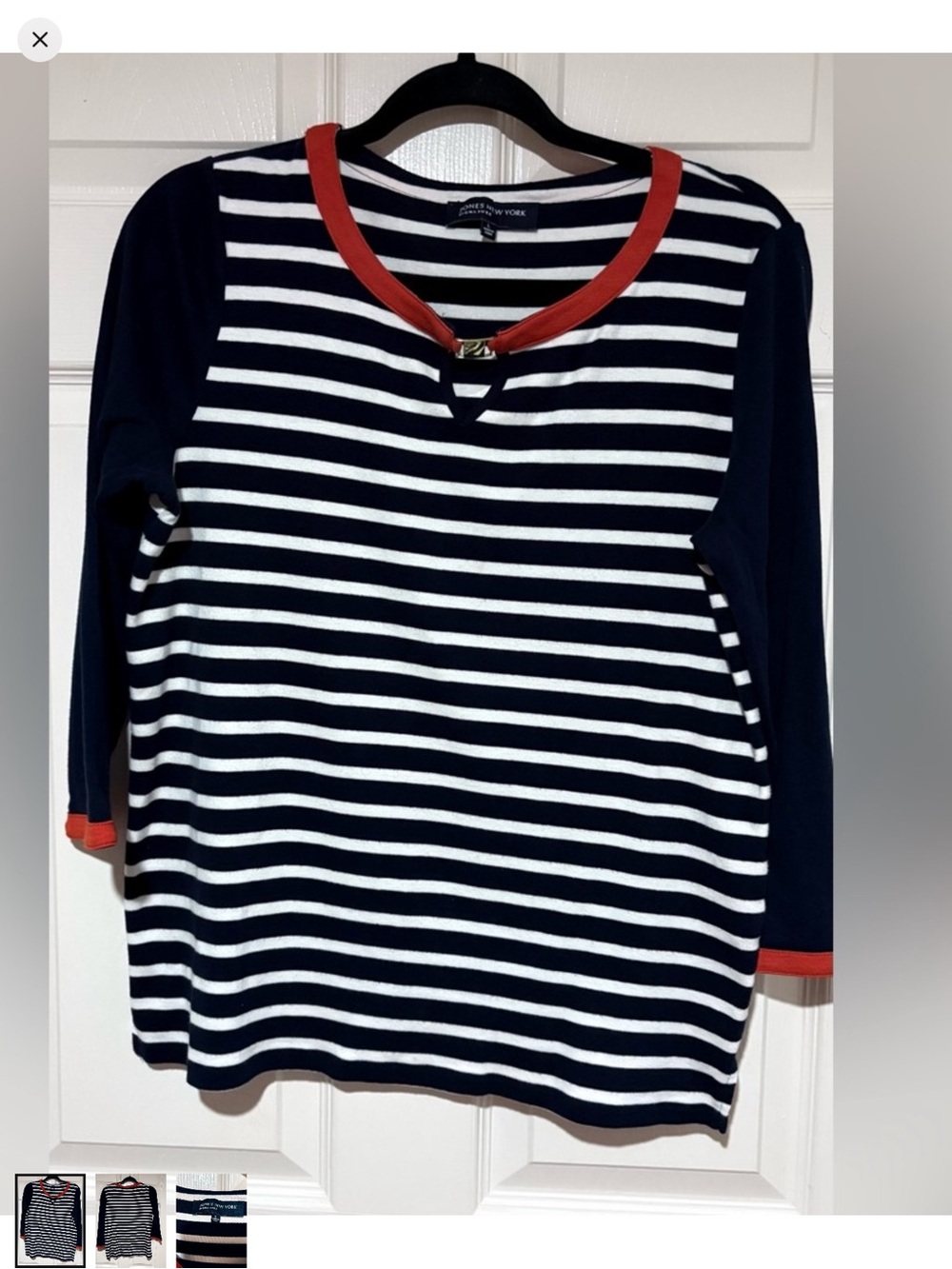 JONES NEW YORK SIGNATURE: Navy, White & Red Striped Top